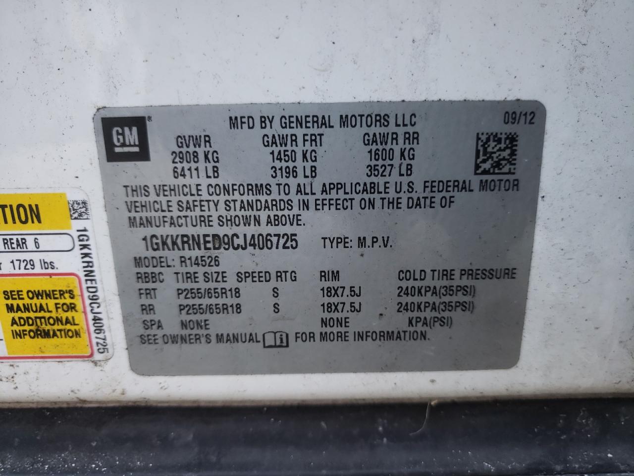 Photo 10 from auction – 2012 GMC ACADIA SLE with VIN 1GKKRNED9CJ406725