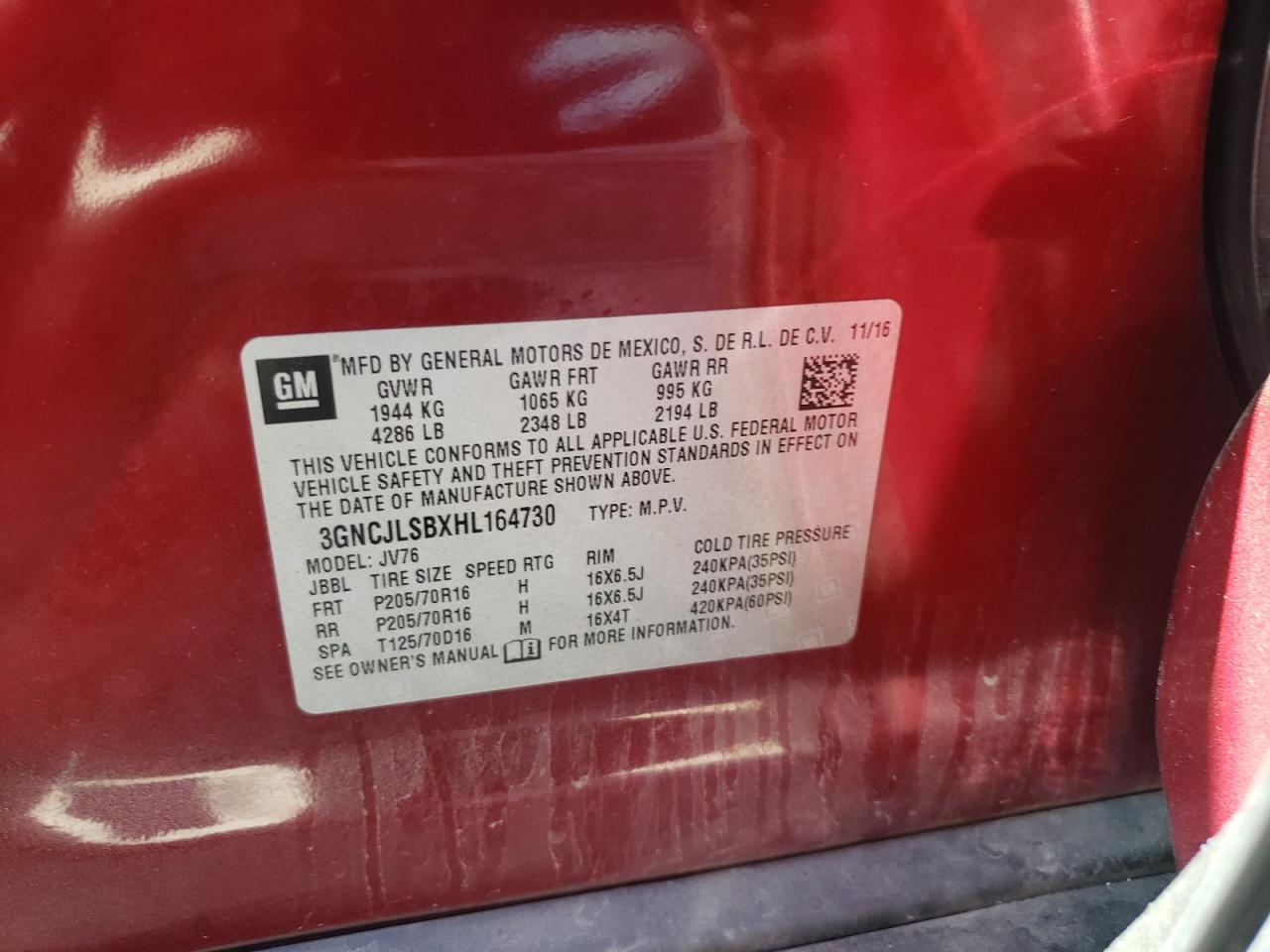 Photo 10 from auction – 2017 CHEVROLET TRAX 1LT with VIN 3GNCJLSBXHL164730