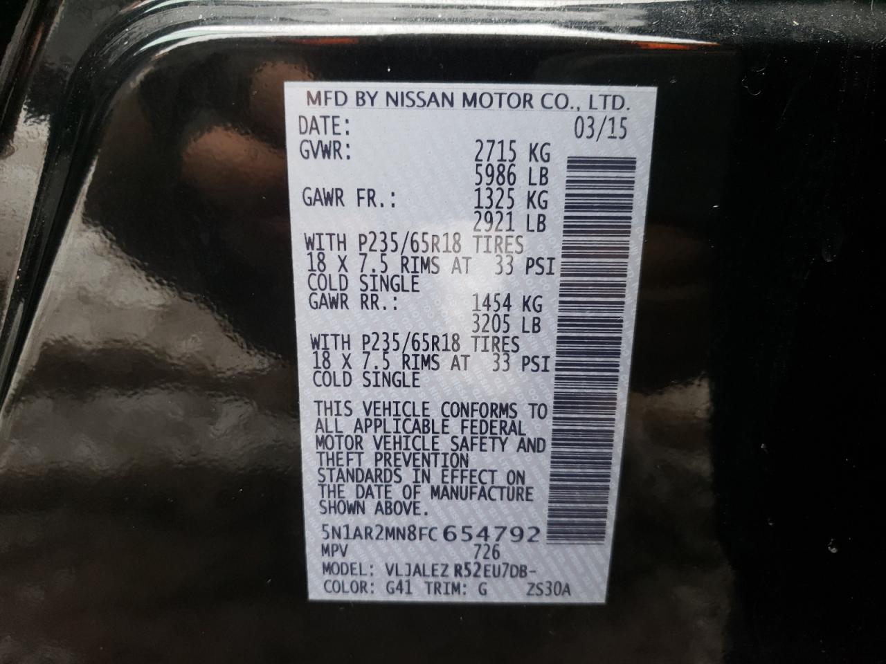 Photo 10 from auction – 2015 NISSAN PATHFINDER with VIN 5N1AR2MN8FC654792