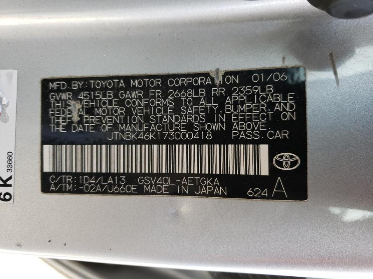 Photo 10 from auction – 2007 TOYOTA CAMRY with VIN JTNBK46K173000418