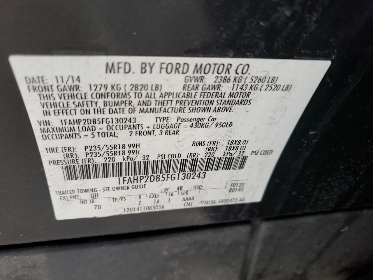 Photo 10 from auction – 2015 FORD TAURUS SE with VIN 1FAHP2D85FG130243