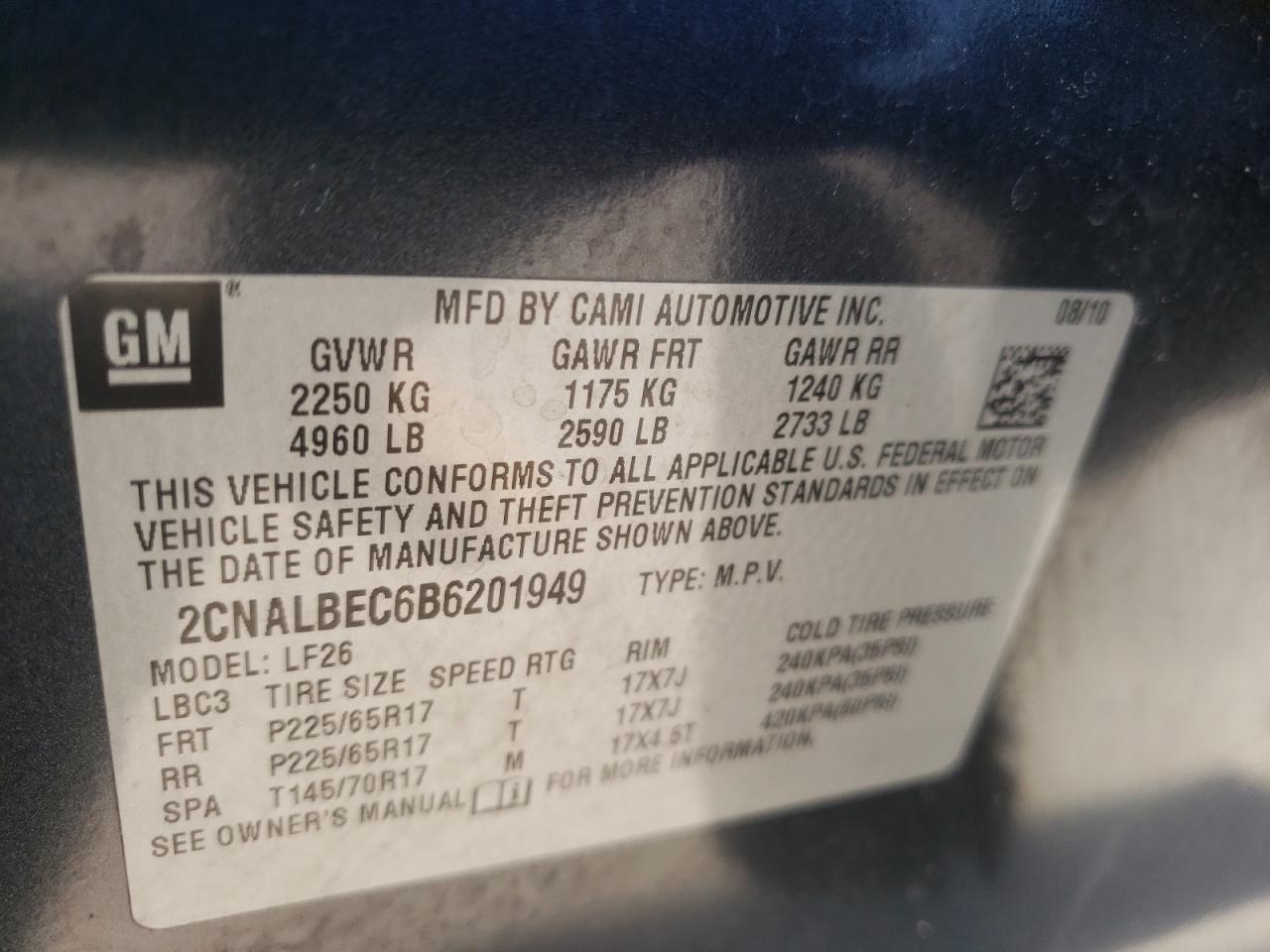 Photo 10 from auction – 2011 CHEVROLET EQUINOX LS with VIN 2CNALBEC6B6201949