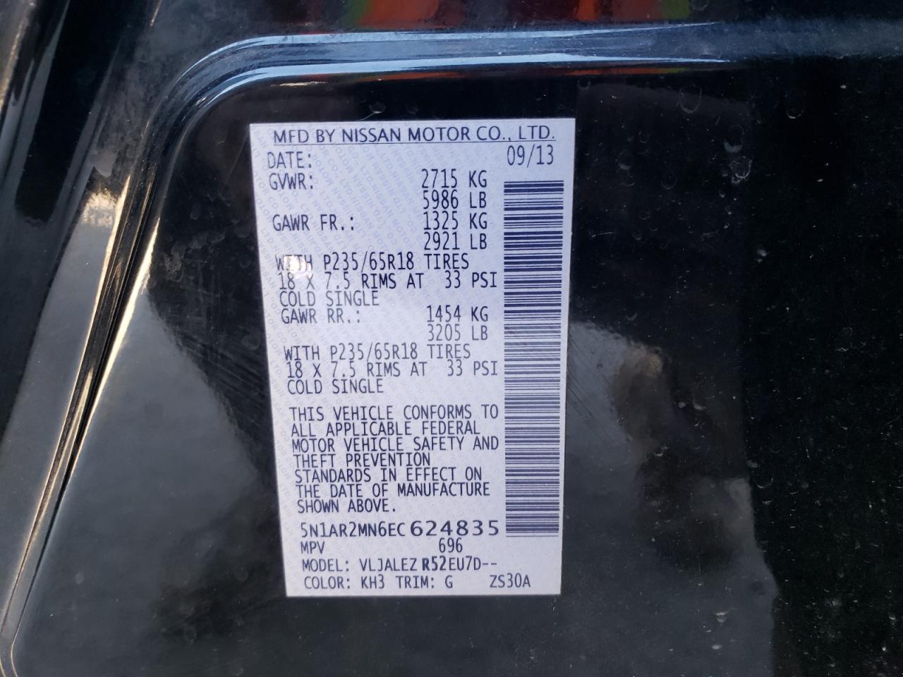 Photo 10 from auction – 2014 NISSAN PATHFINDER with VIN 5N1AR2MN6EC624835