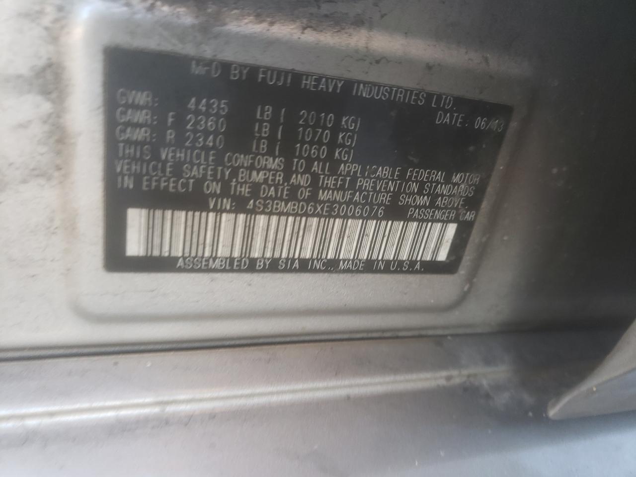 Photo 10 from auction – 2014 SUBARU LEGACY 2.5 with VIN 4S3BMBD6XE3006076