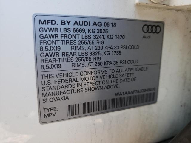 Photo 10 from auction – 2018 AUDI Q7 PREMIUM with VIN WA1AAAF75JD049470