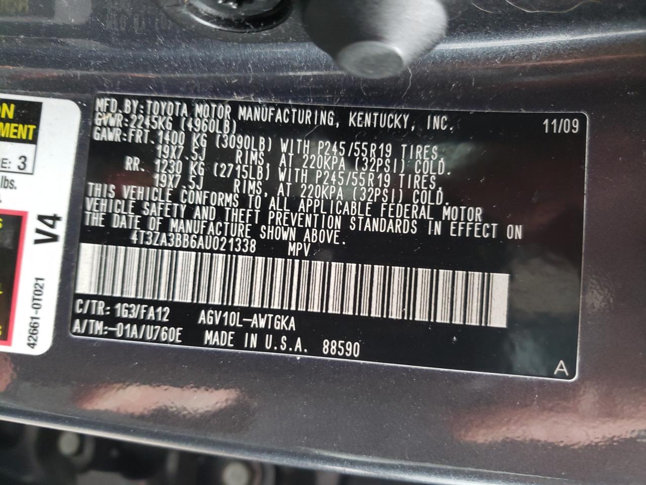 Photo 10 from auction – 2010 TOYOTA VENZA with VIN 4T3ZA3BB6AU021338