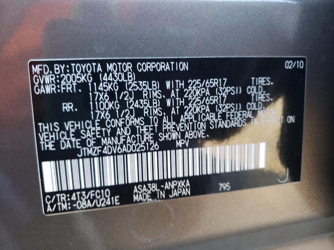 Photo 10 from auction – 2010 TOYOTA RAV4 AUTOM with VIN JTMZF4DV6AD025126
