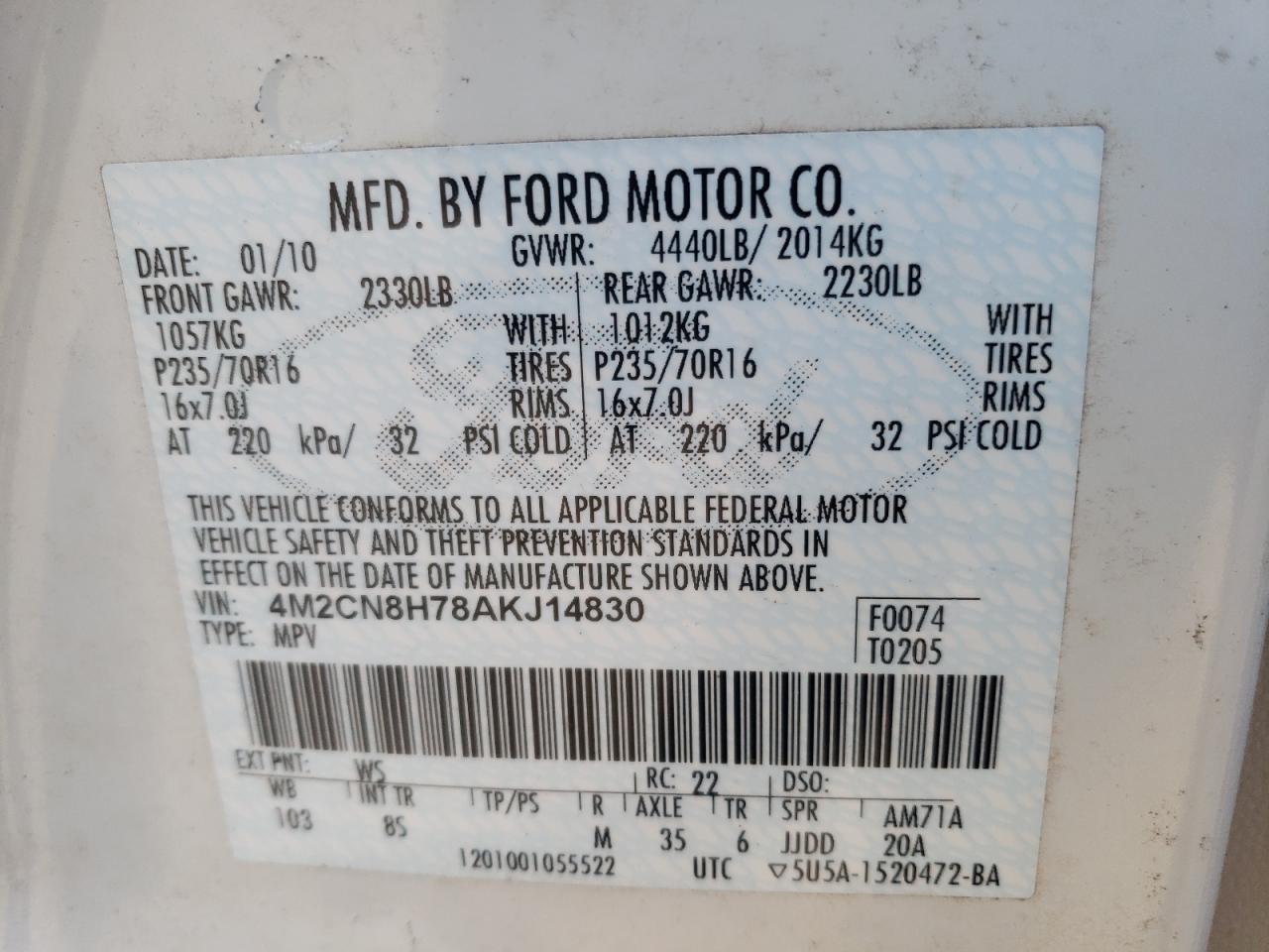 Photo 10 from auction – 2010 MERCURY MARINER PR with VIN 4M2CN8H78AKJ14830