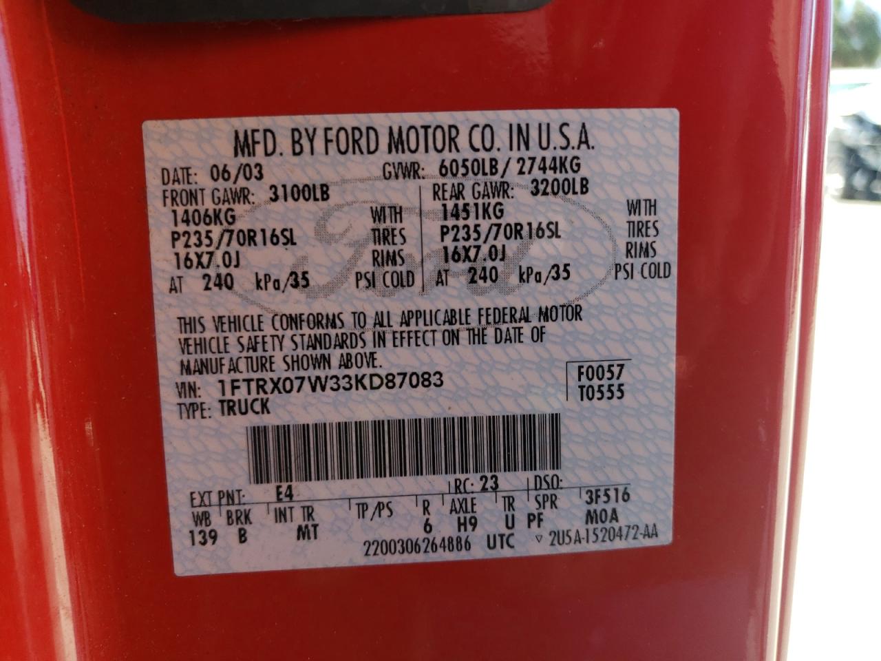 Foto 10 de la subasta – 2003 FORD F150 con VIN 1FTRX07W33KD87083