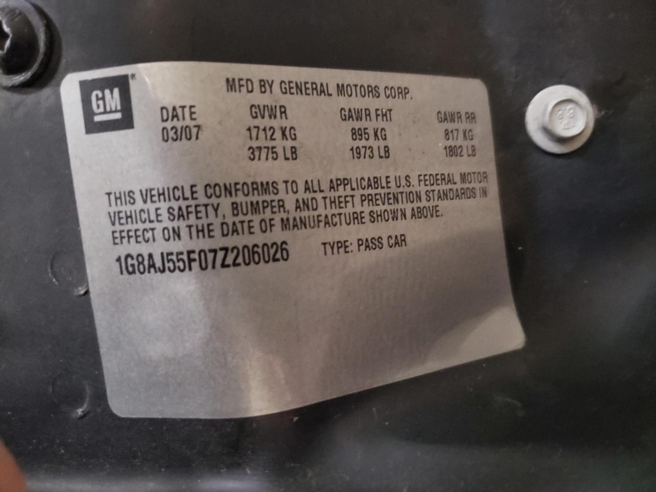 Photo 10 from auction – 2007 SATURN ION LEVEL with VIN 1G8AJ55F07Z206026