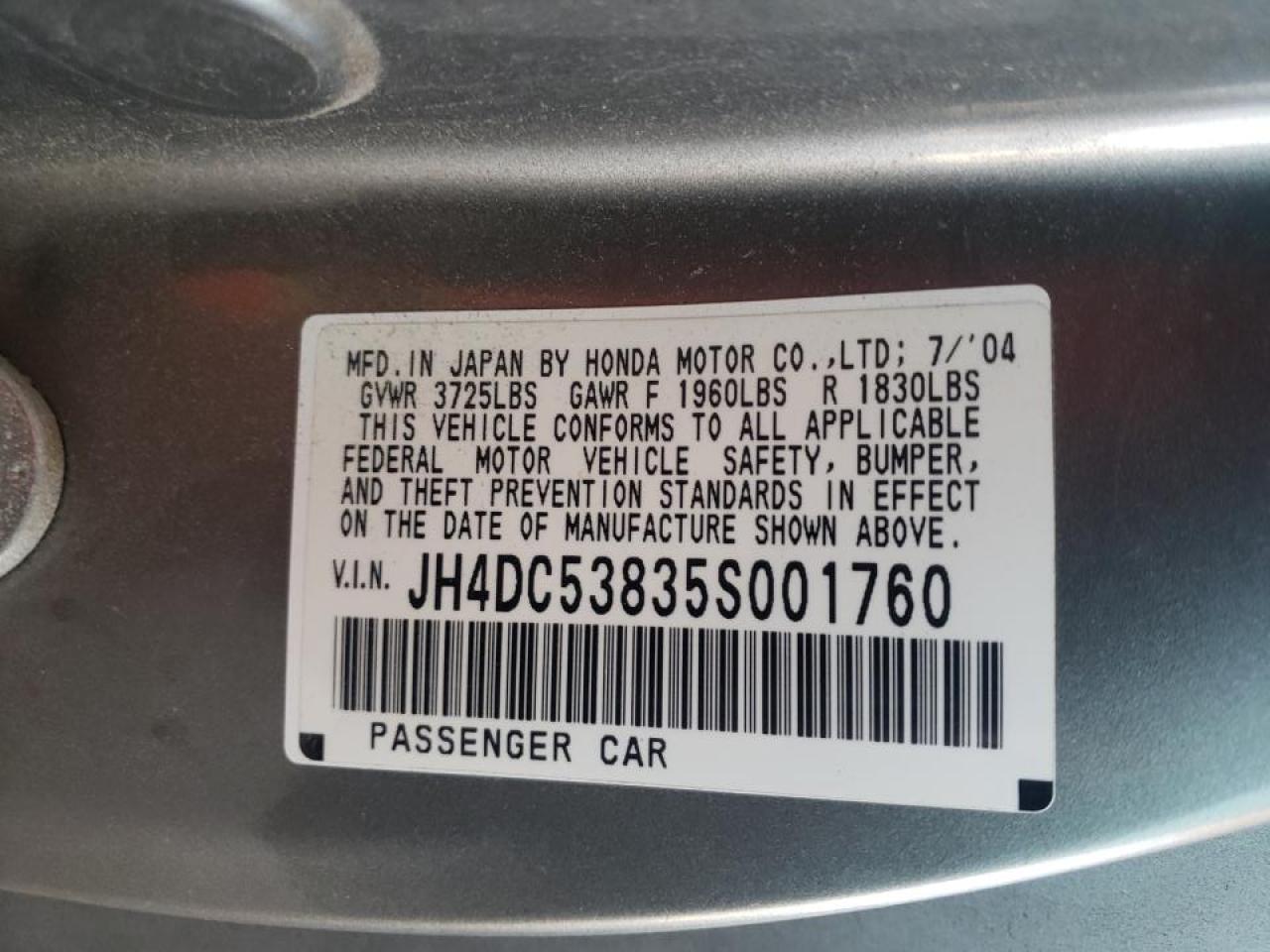 Photo 10 from auction – 2005 ACURA RSX with VIN JH4DC53835S001760
