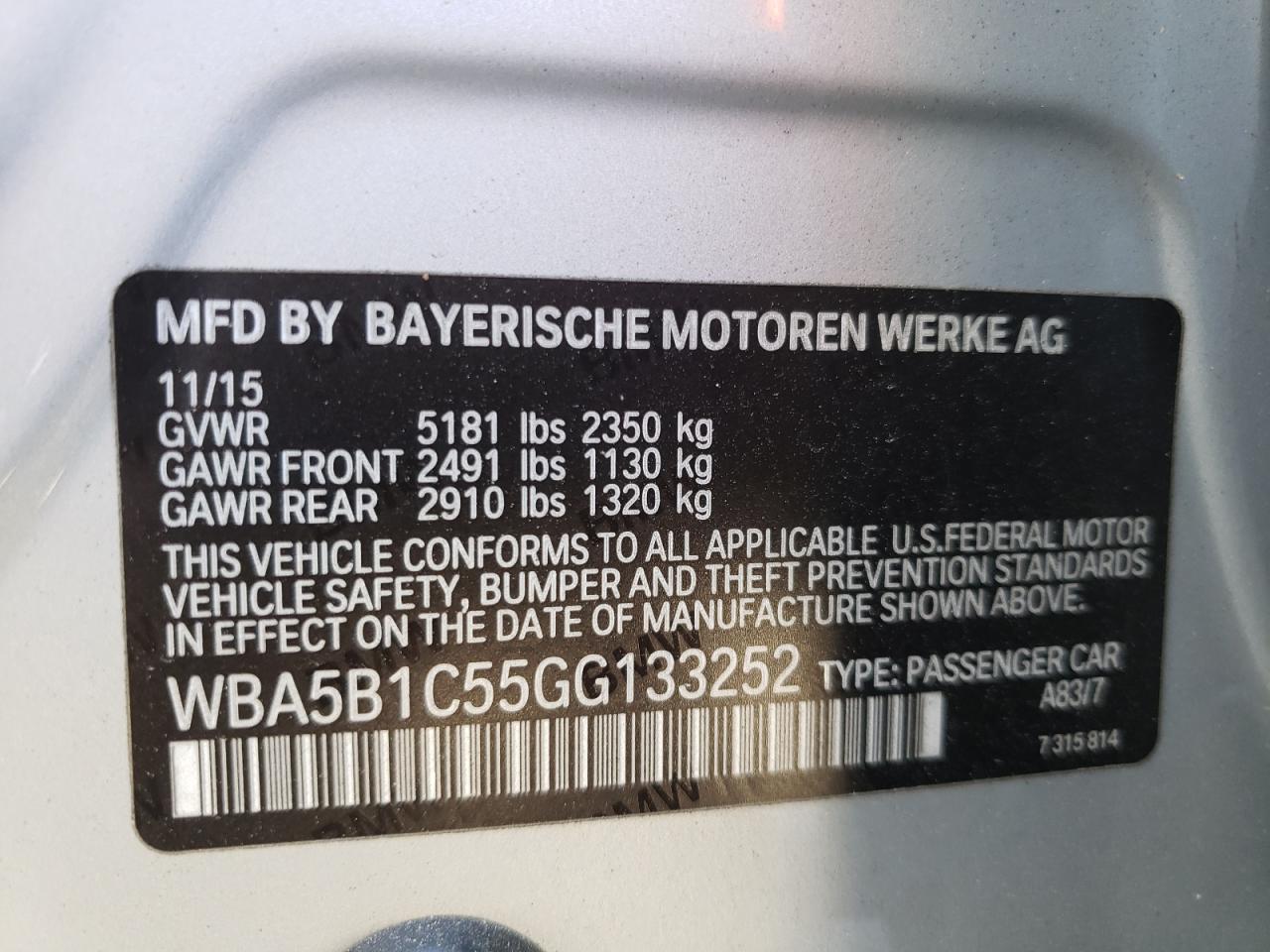 Photo 10 from auction – 2016 BMW 535 I with VIN WBA5B1C55GG133252