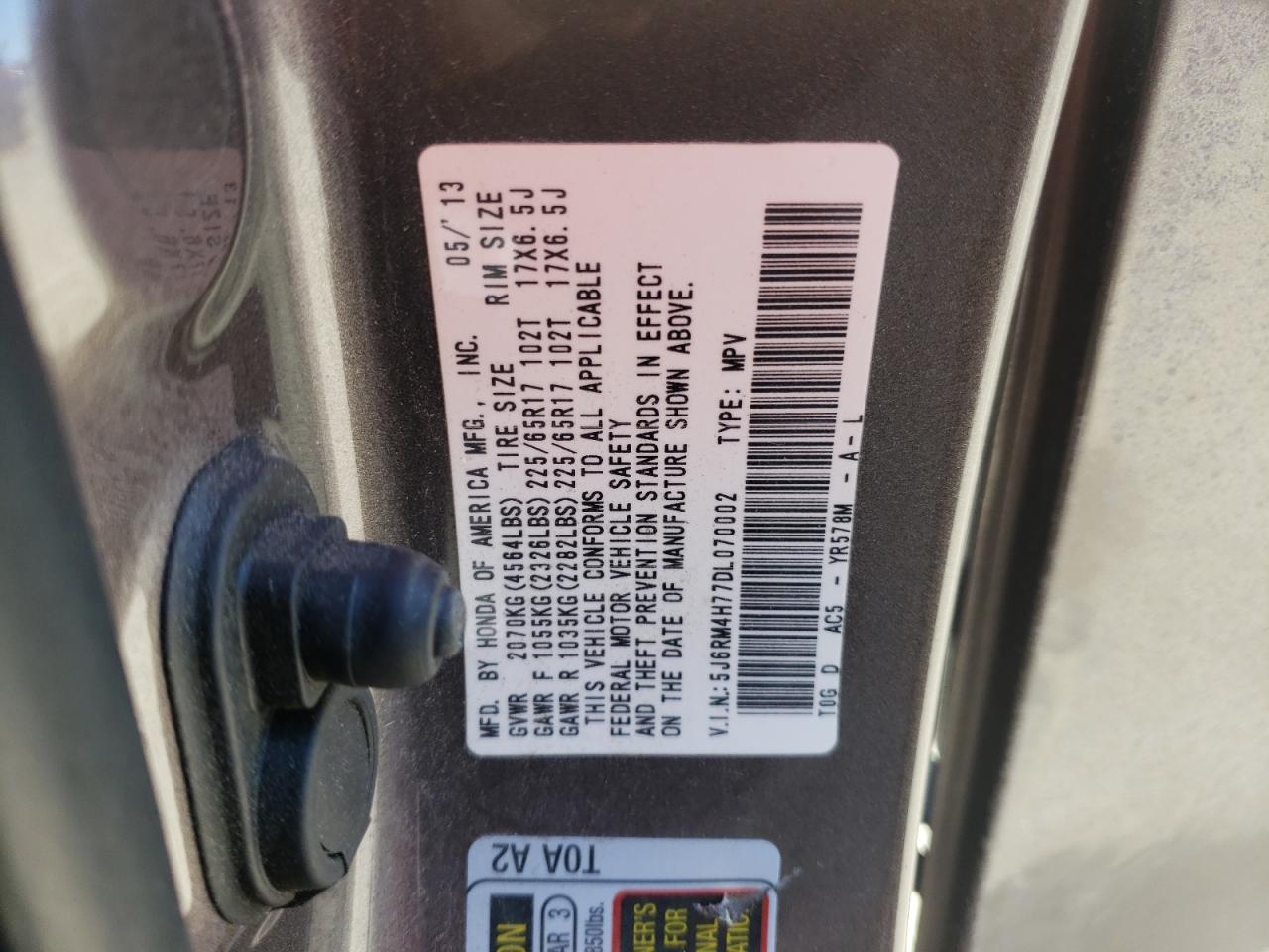 Photo 10 from auction – 2013 HONDA CR-V EXL with VIN 5J6RM4H77DL070002