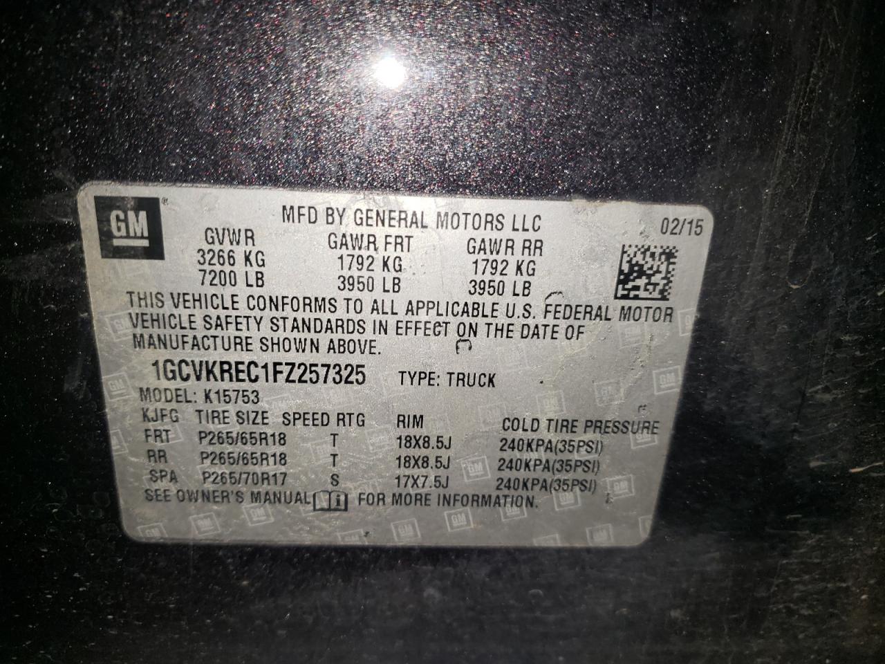 Photo 10 from auction – 2015 CHEVROLET SILVERADO with VIN 1GCVKREC1FZ257325