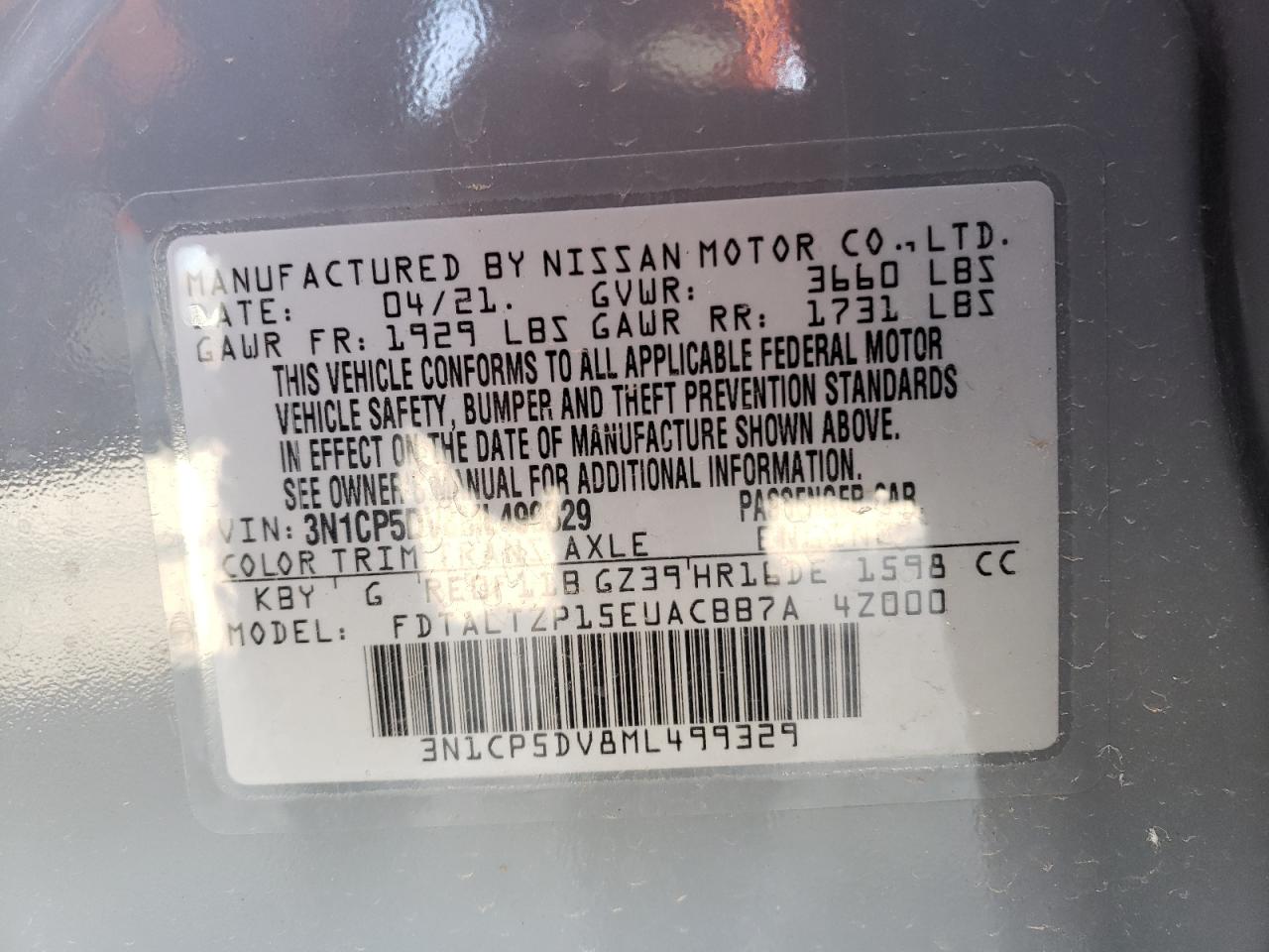 Photo 10 from auction – 2021 NISSAN KICKS SR with VIN 3N1CP5DV8ML499329