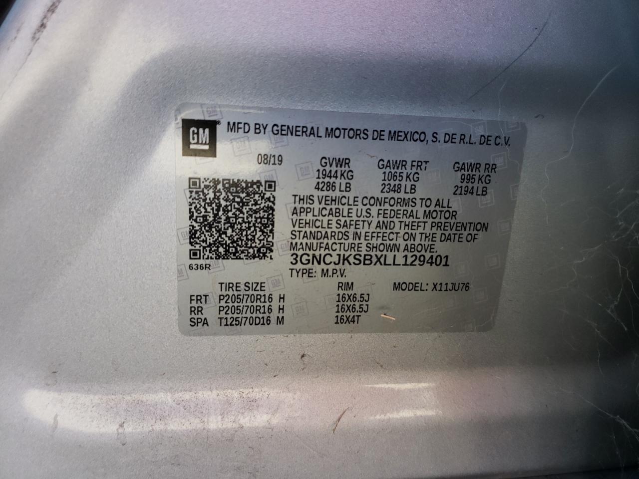 Photo 10 from auction – 2020 CHEVROLET TRAX LS with VIN 3GNCJKSBXLL129401