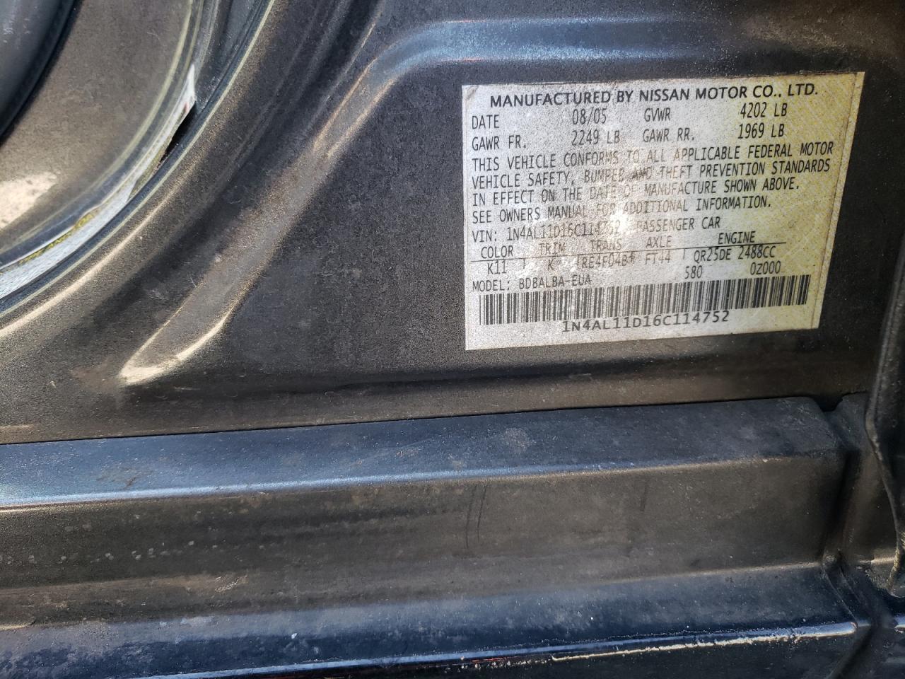 Photo 10 from auction – 2006 NISSAN ALTIMA S with VIN 1N4AL11D16C114752