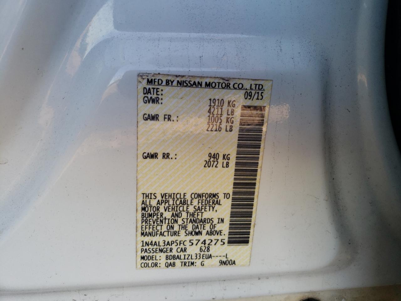 Photo 10 from auction – 2015 NISSAN ALTIMA 2.5 with VIN 1N4AL3AP5FC574275