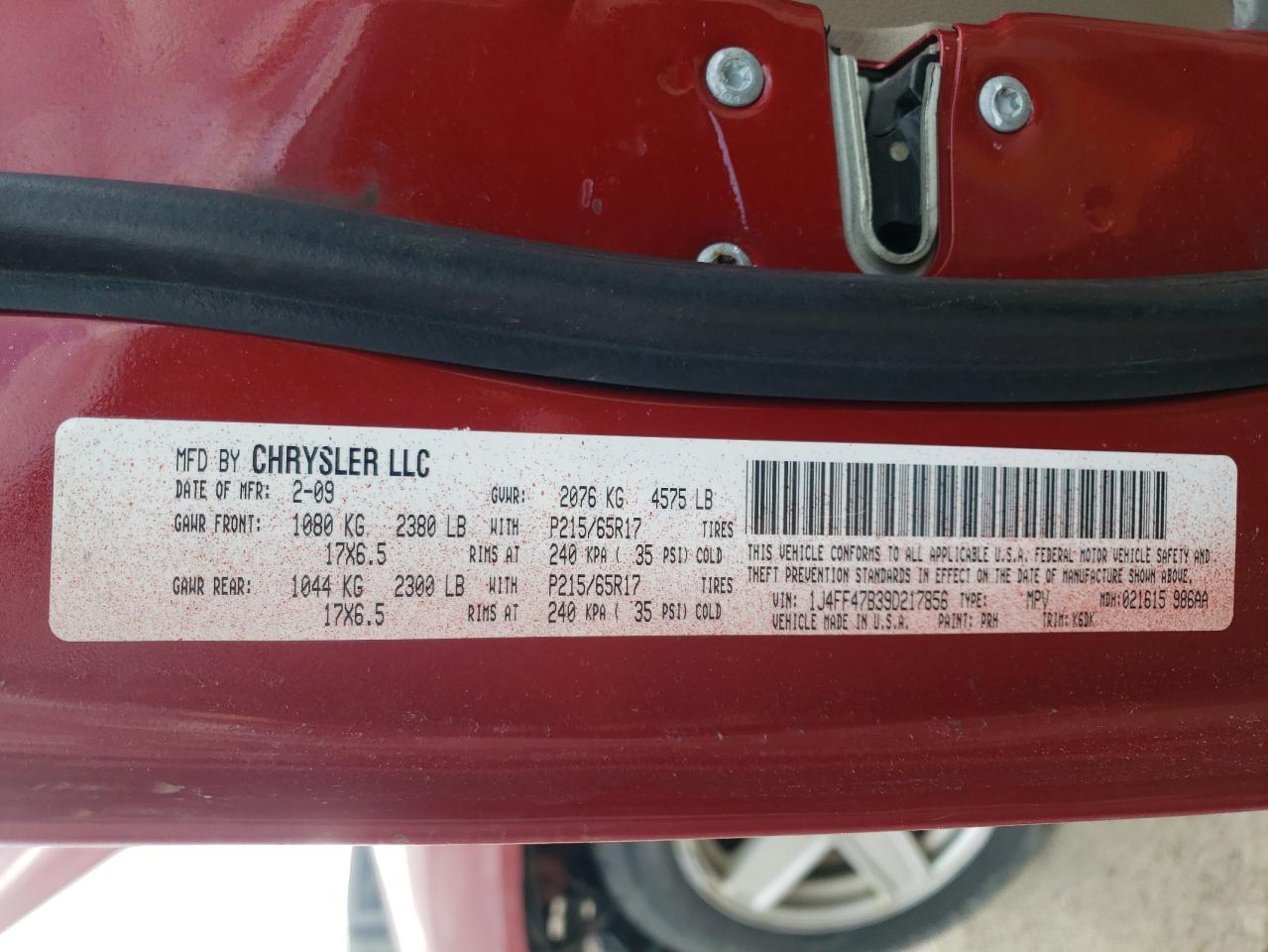 Photo 10 from auction – 2009 JEEP COMPASS SP with VIN 1J4FF47B39D217856