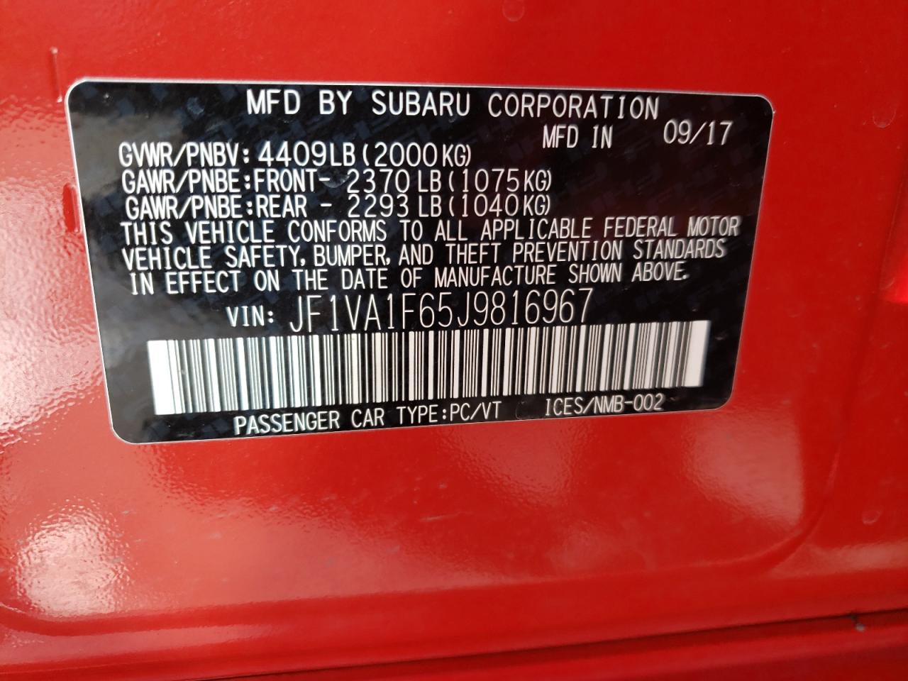 Photo 10 from auction – 2018 SUBARU WRX LIMITE with VIN JF1VA1F65J9816967