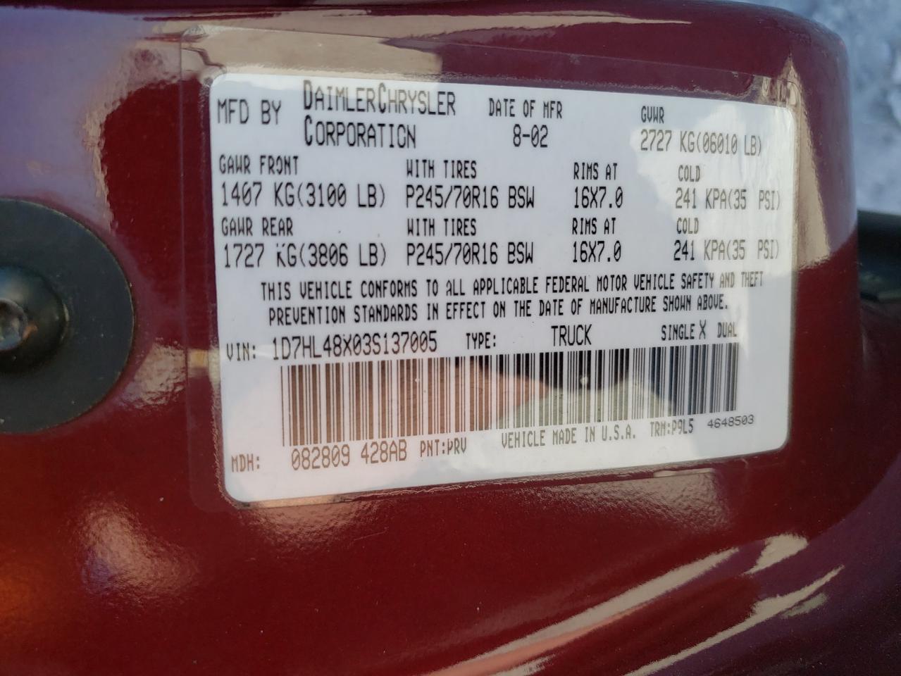 Photo 10 from auction – 2003 DODGE DAKOTA QUA with VIN 1D7HL48X03S137005