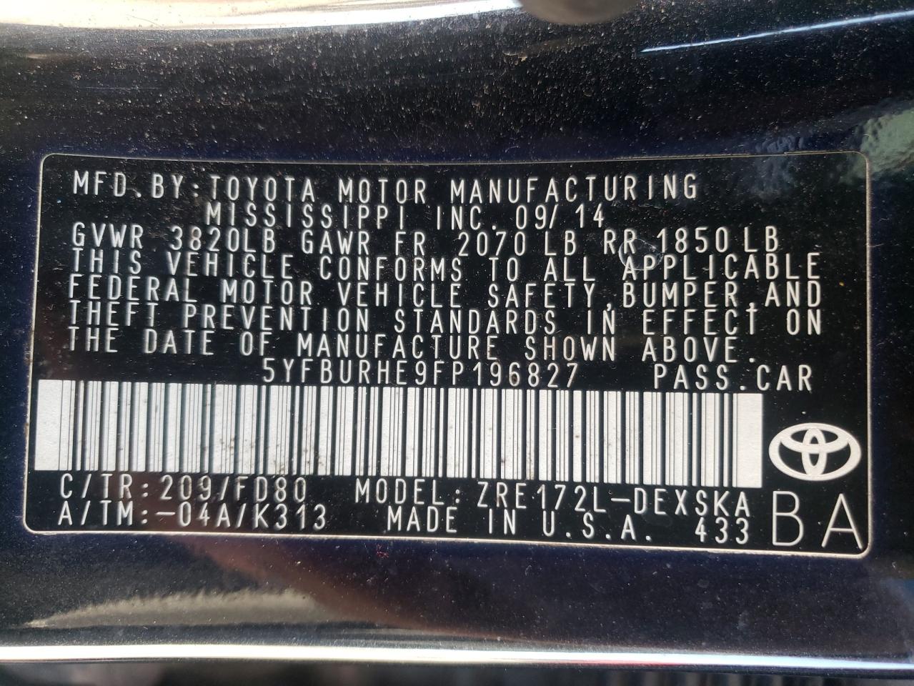 Photo 10 from auction – 2015 TOYOTA COROLLA L with VIN 5YFBURHE9FP196827