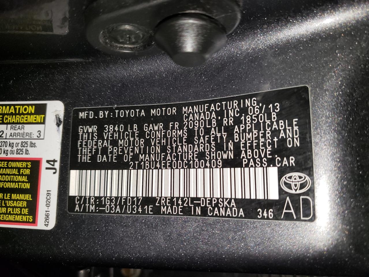 Photo 10 from auction – 2013 TOYOTA COROLLA BA with VIN 2T1BU4EE0DC100409