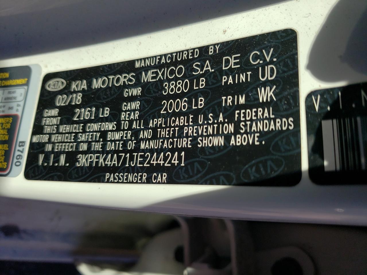 Photo 10 from auction – 2018 KIA FORTE LX with VIN 3KPFK4A71JE244241