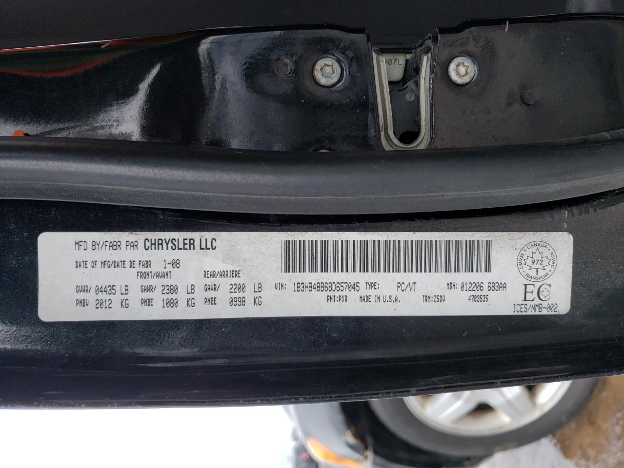 Photo 10 from auction – 2008 DODGE CALIBER SX with VIN 1B3HB48B68D657045