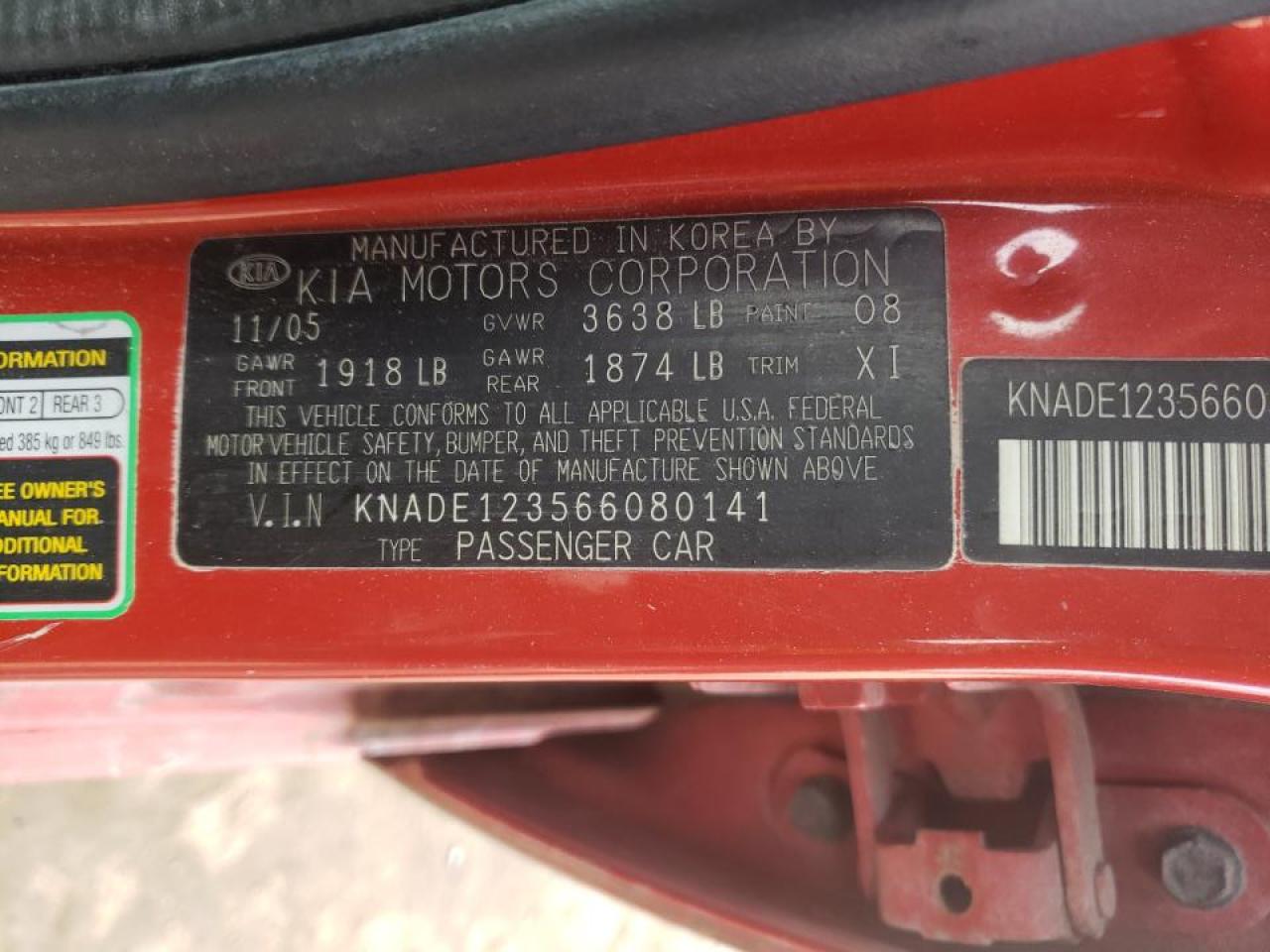 Photo 10 from auction – 2006 KIA RIO with VIN KNADE123566080141