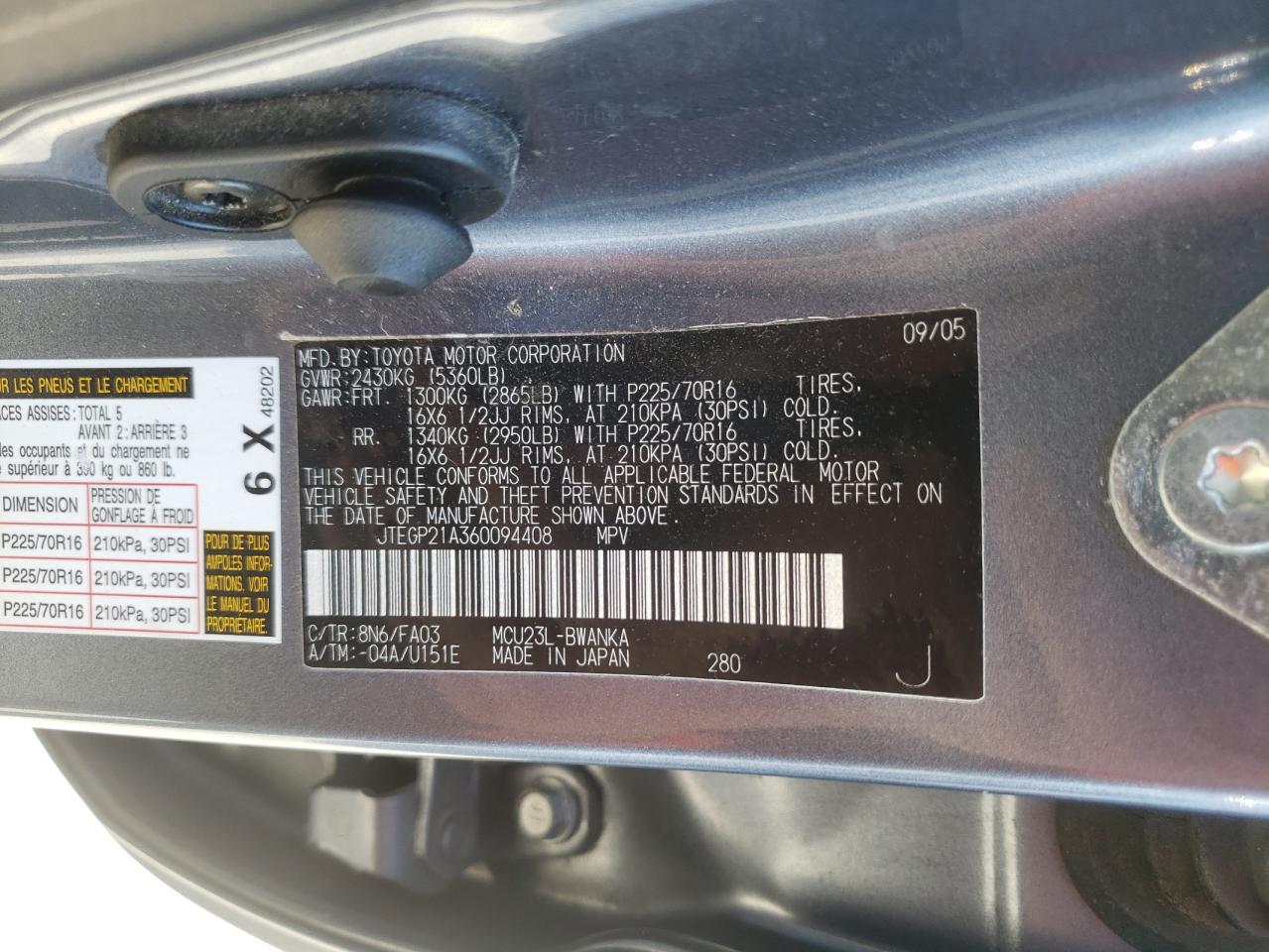 Zdjęcie 10 z aukcji – 2006 TOYOTA HIGHLANDER z VIN JTEGP21A360094408