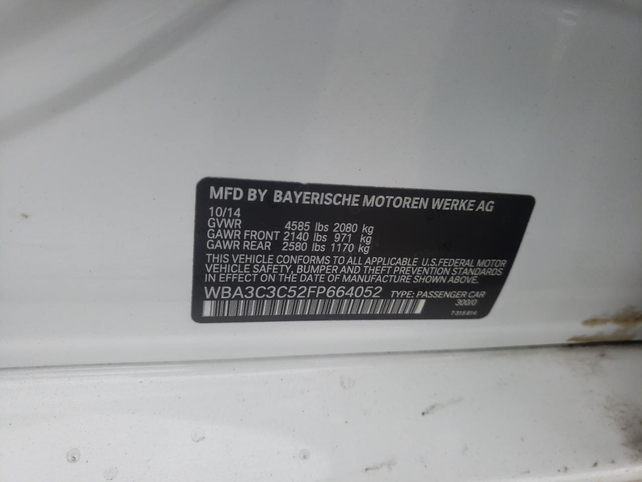 Photo 10 from auction – 2015 BMW 320 I XDRI with VIN WBA3C3C52FP664052