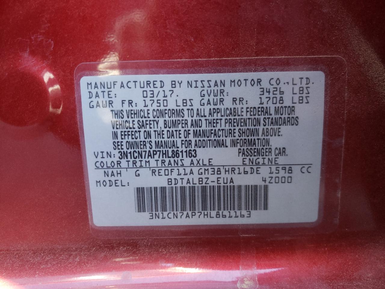 Photo 10 from auction – 2017 NISSAN VERSA S with VIN 3N1CN7AP7HL861163