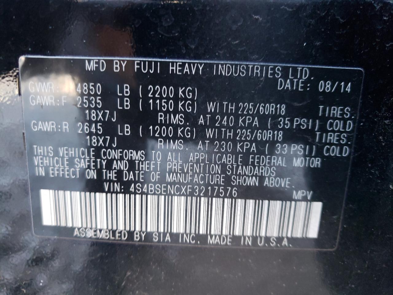 Photo 10 from auction – 2015 SUBARU OUTBACK 3. with VIN 4S4BSENCXF3217576