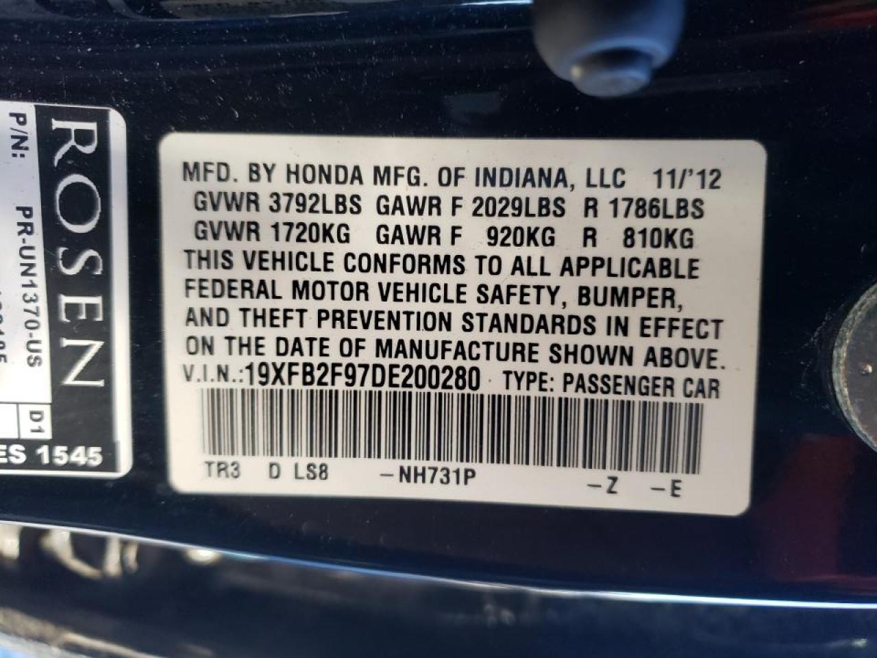 Photo 10 from auction – 2013 HONDA CIVIC EXL with VIN 19XFB2F97DE200280
