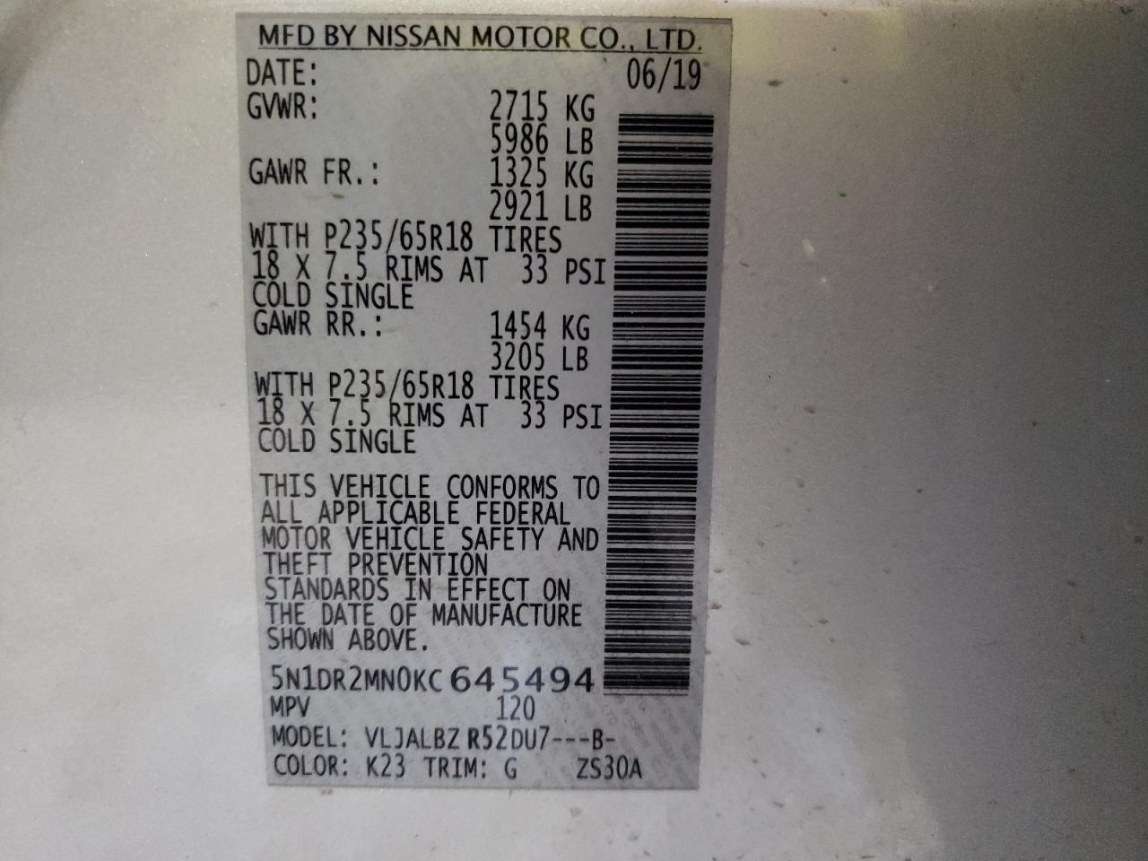 Photo 10 from auction – 2019 NISSAN PATHFINDER with VIN 5N1DR2MN0KC645494