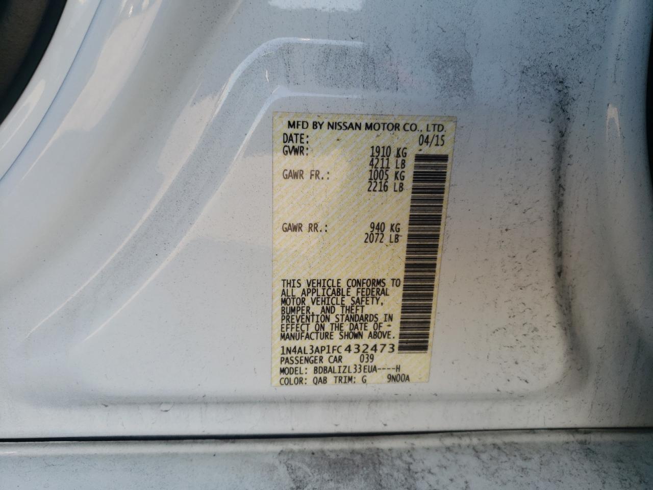 صورة رقم 10 من المزاد - 2015 NISSAN ALTIMA 2.5 مع VIN 1N4AL3AP1FC432473