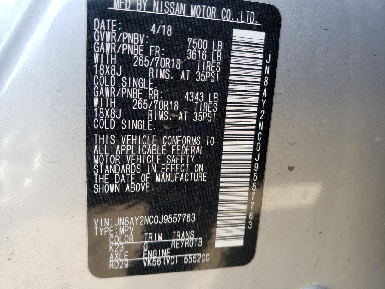 Photo 10 from auction – 2018 NISSAN ARMADA SV with VIN JN8AY2NC0J9557763