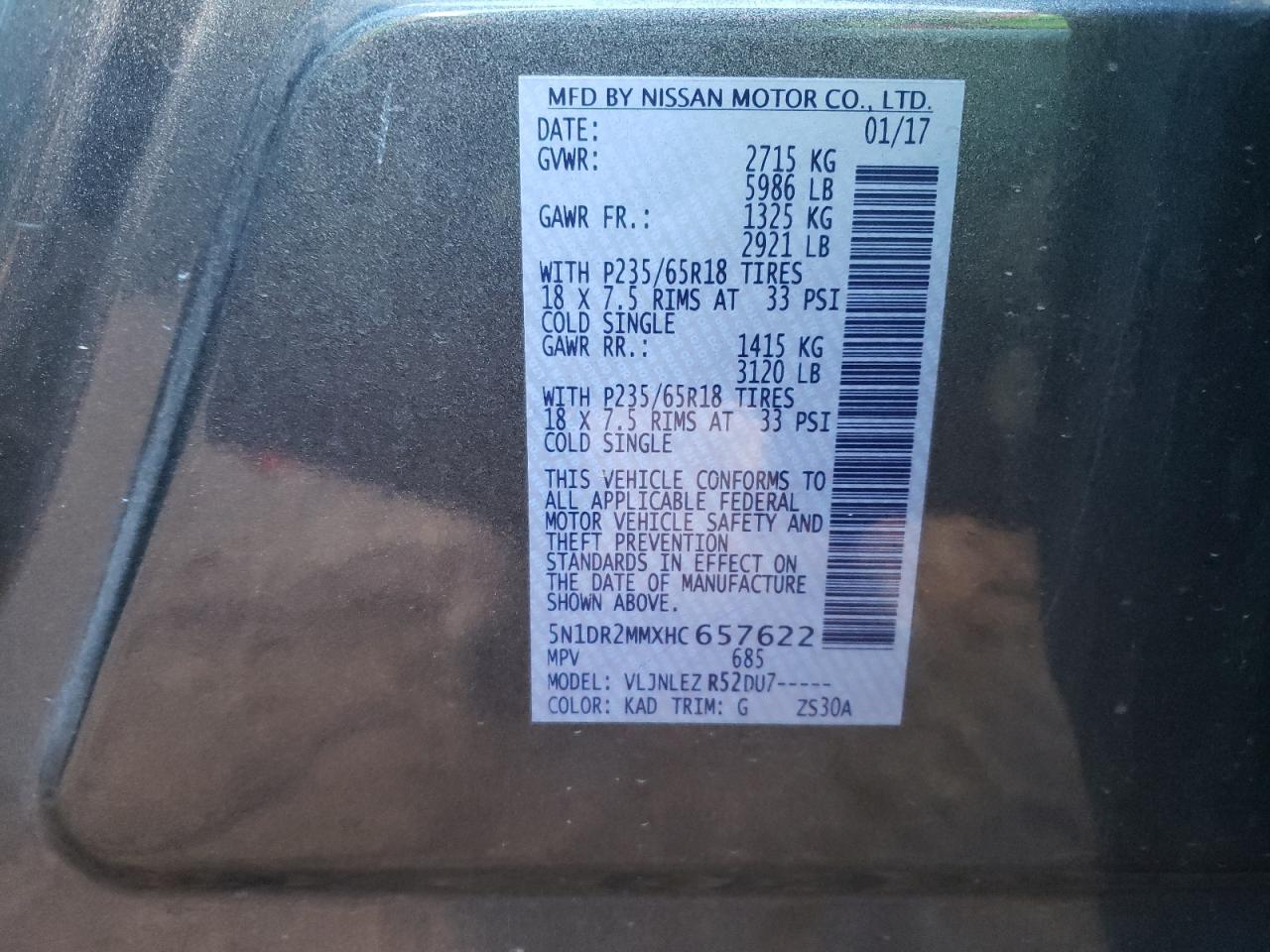 Photo 10 from auction – 2017 NISSAN PATHFINDER with VIN 5N1DR2MMXHC657622