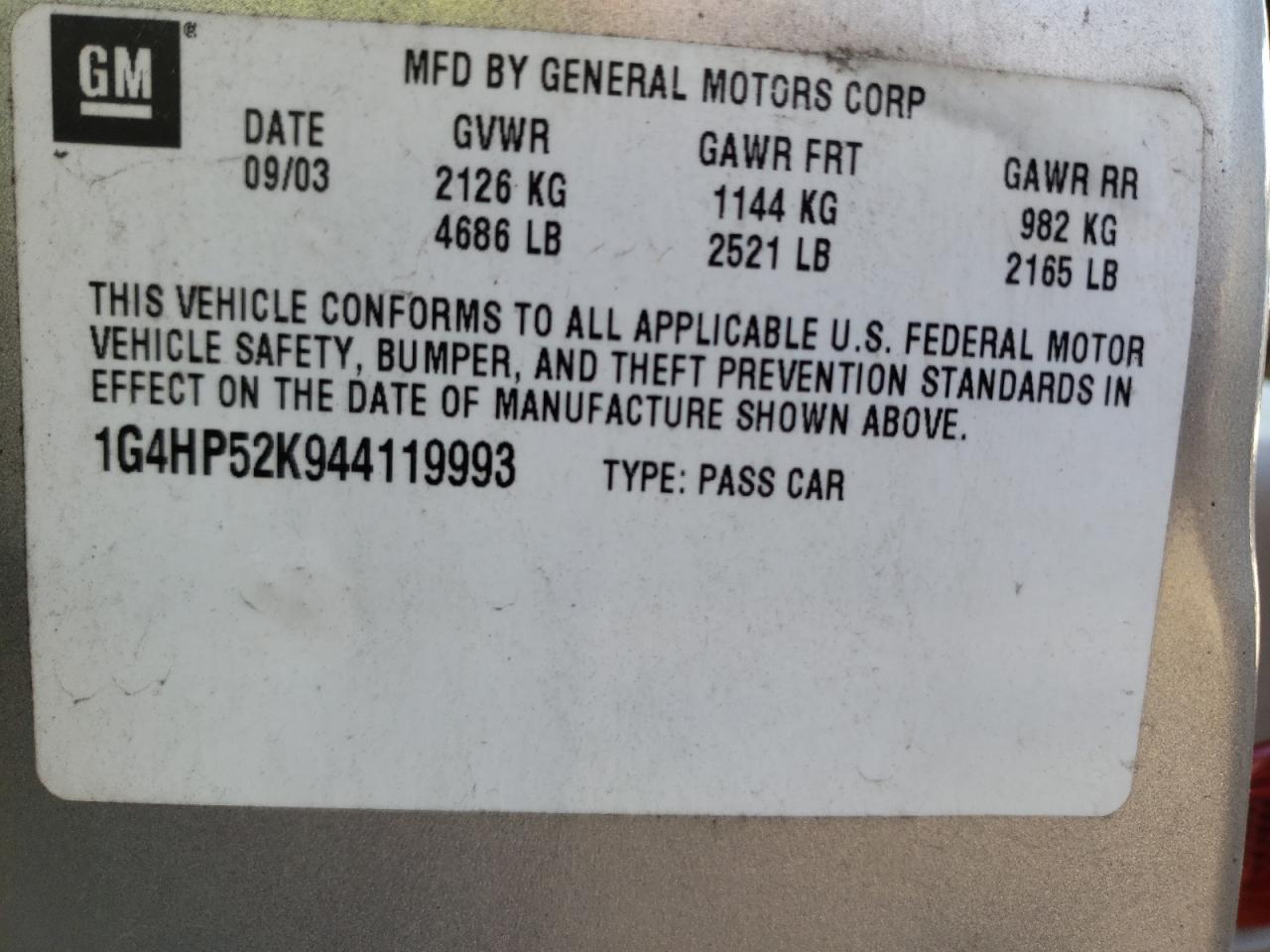 Photo 10 from auction – 2004 BUICK LESABRE CU with VIN 1G4HP52K944119993