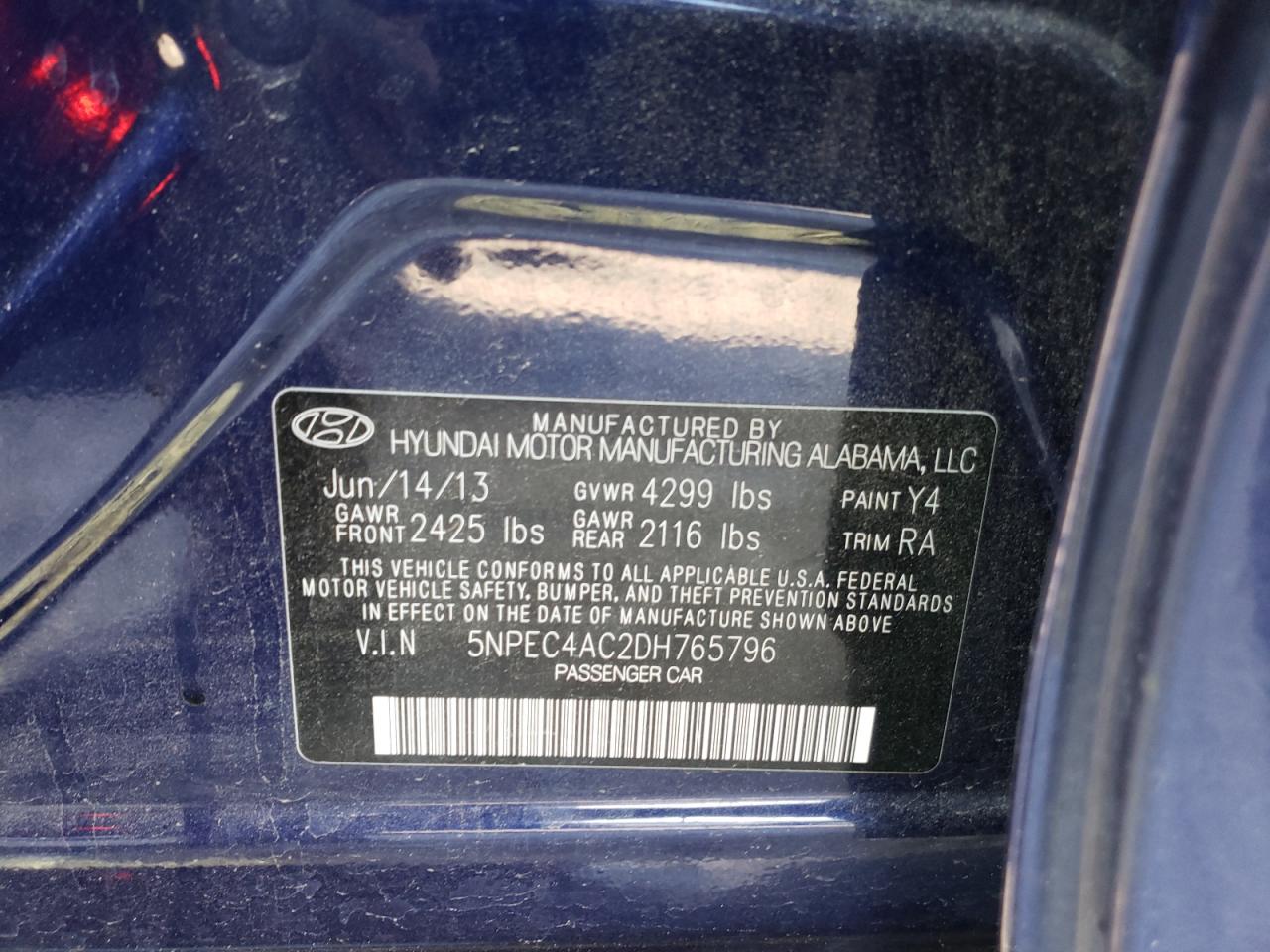 Photo 10 from auction – 2013 HYUNDAI SONATA SE with VIN 5NPEC4AC2DH765796