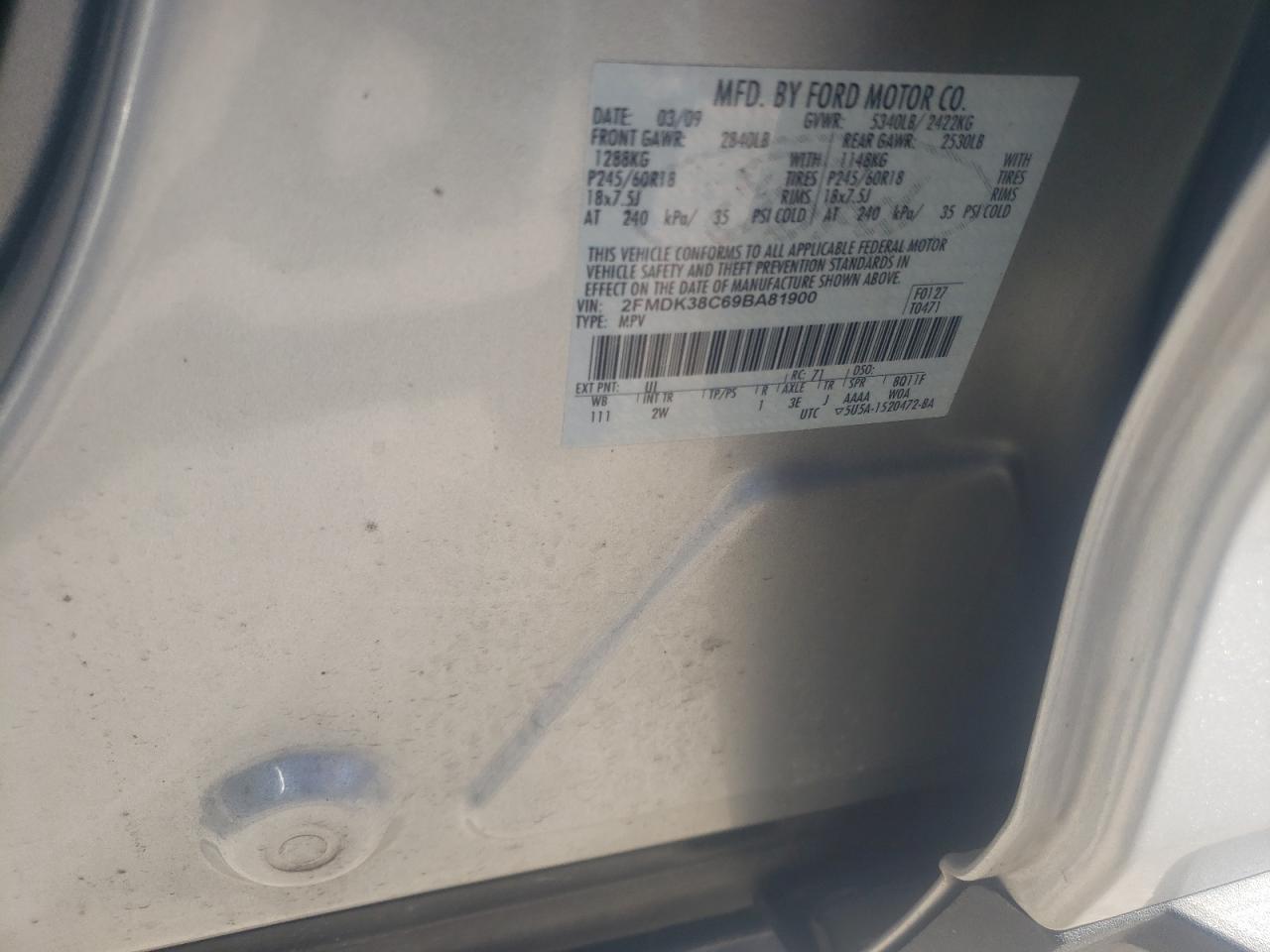 Photo 10 from auction – 2009 FORD EDGE SEL with VIN 2FMDK38C69BA81900