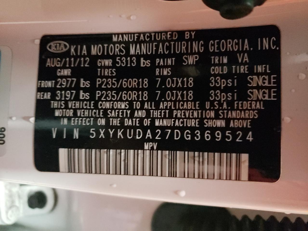 Photo 10 from auction – 2013 KIA SORENTO EX with VIN 5XYKUDA27DG369524