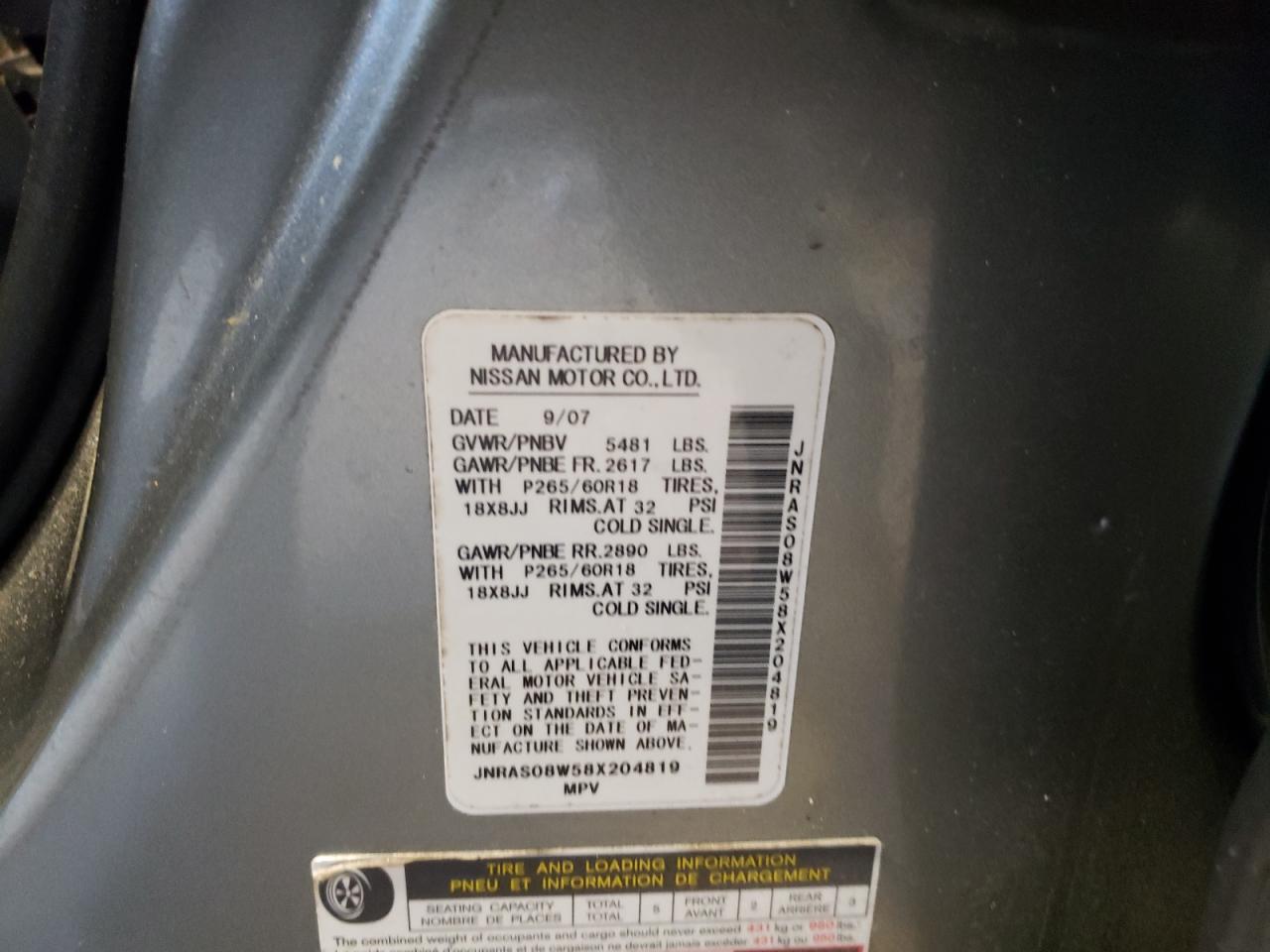 Photo 10 from auction – 2008 INFINITI FX35 with VIN JNRAS08W58X204819