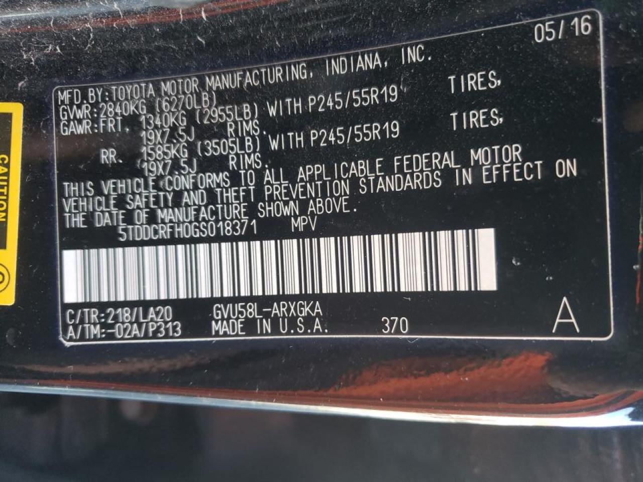 Foto 10 de la subasta – 2016 TOYOTA HIGHLANDER con VIN 5TDDCRFH0GS018371