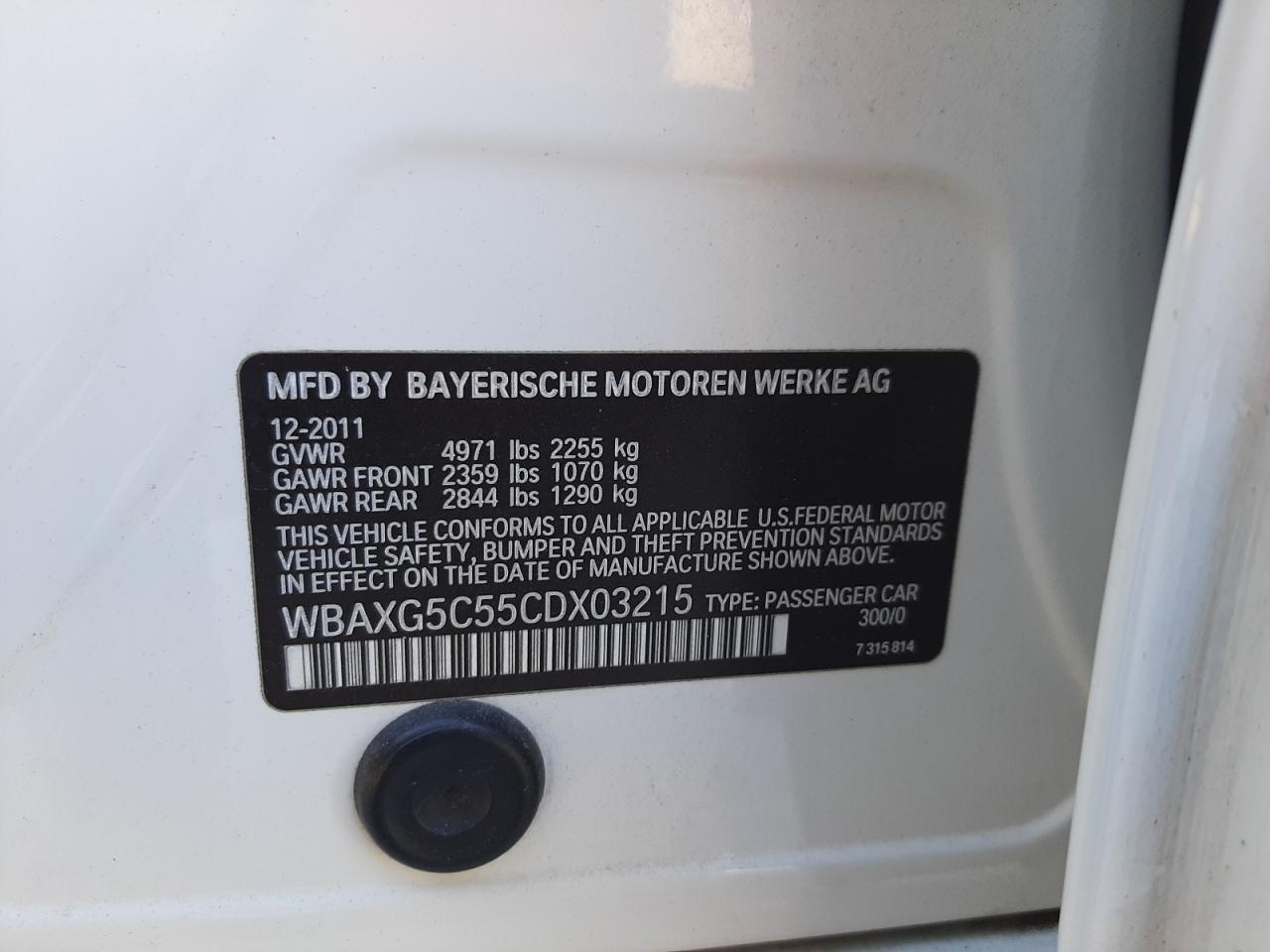 Photo 10 from auction – 2012 BMW 528 I with VIN WBAXG5C55CDX03215