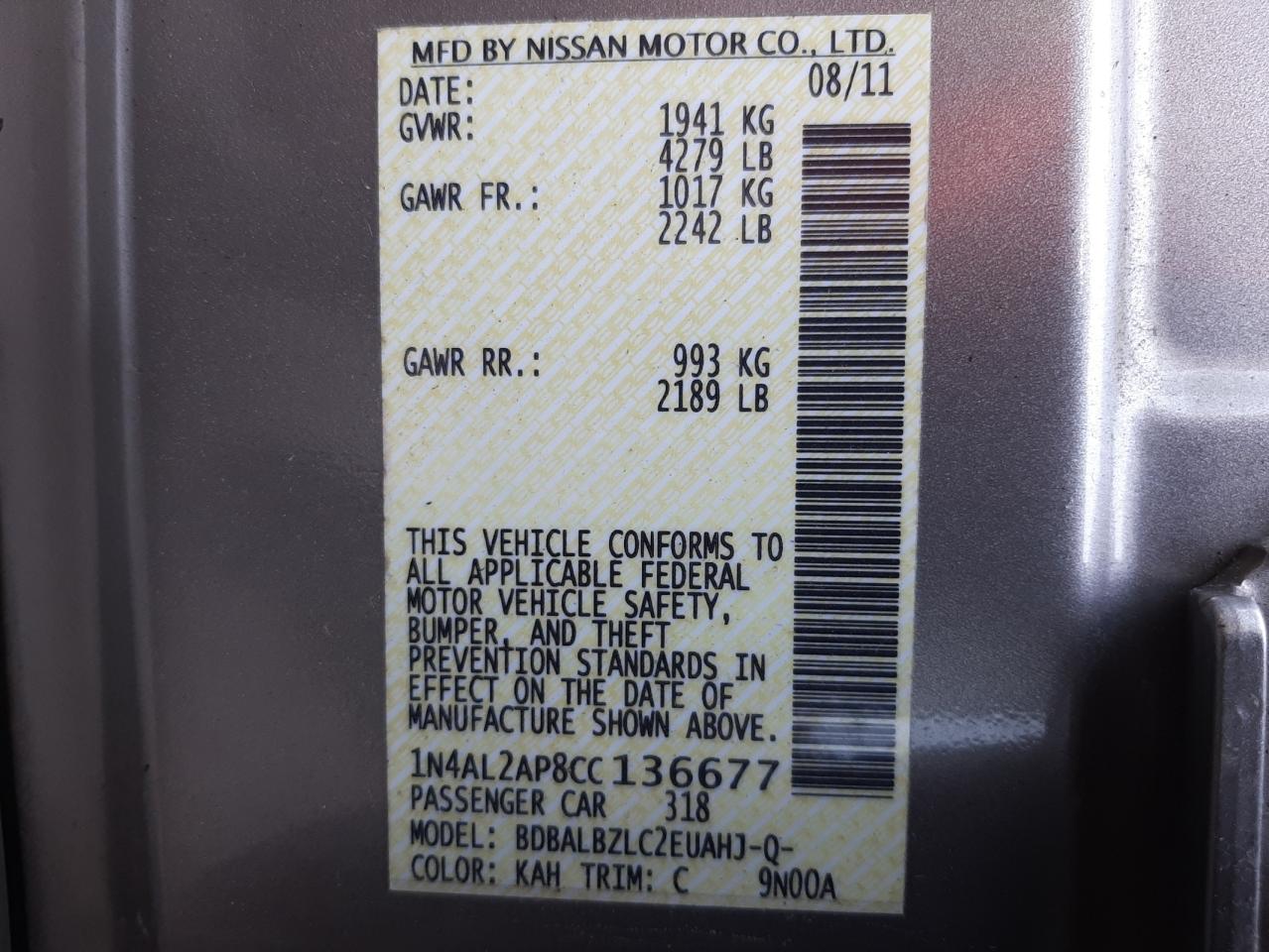 Photo 10 from auction – 2012 NISSAN ALTIMA BAS with VIN 1N4AL2AP8CC136677