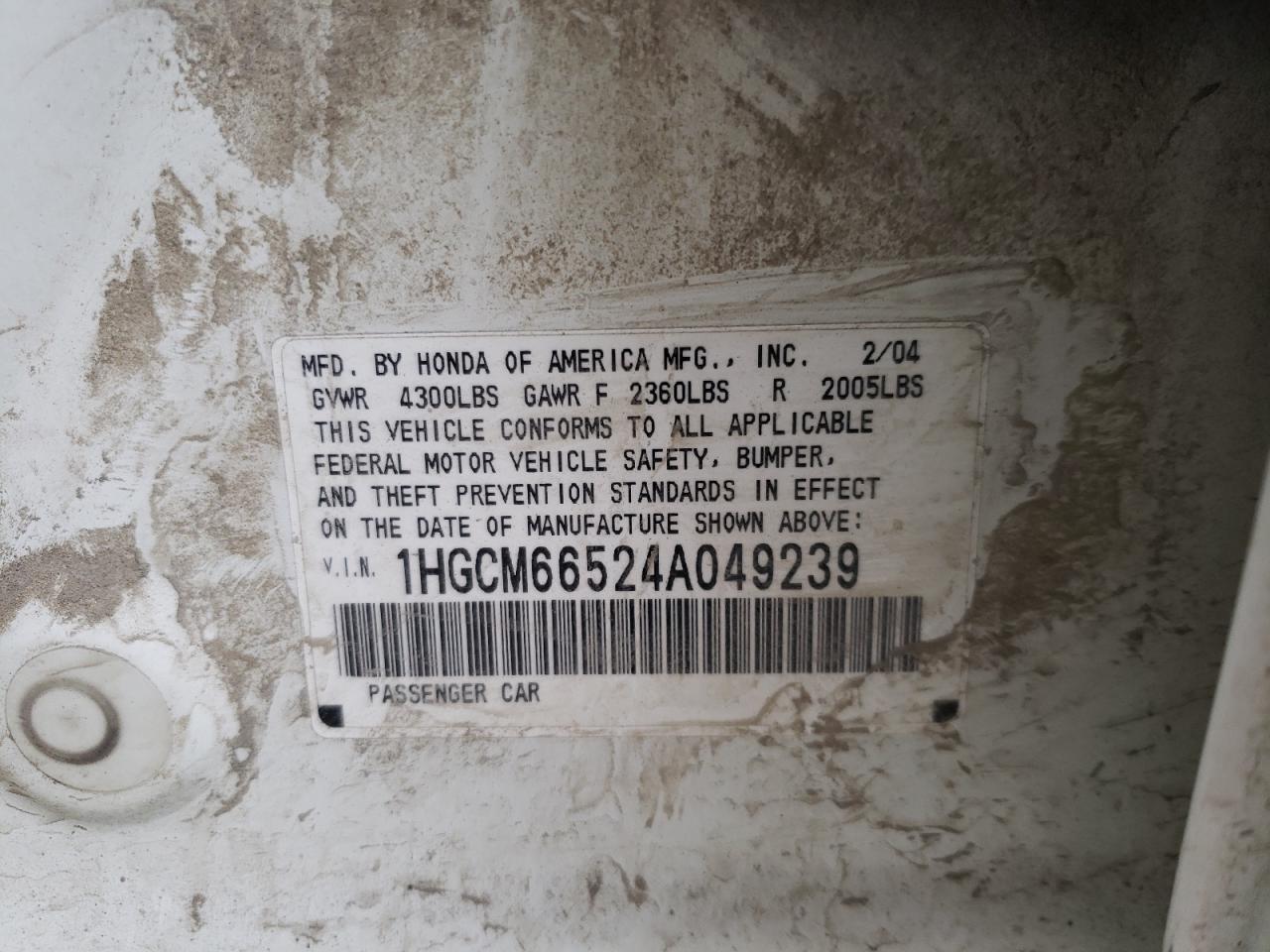 Photo 10 from auction – 2004 HONDA ACCORD EX with VIN 1HGCM66524A049239