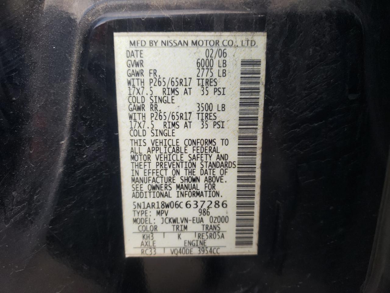 Photo 10 from auction – 2006 NISSAN PATHFINDER with VIN 5N1AR18W06C637286
