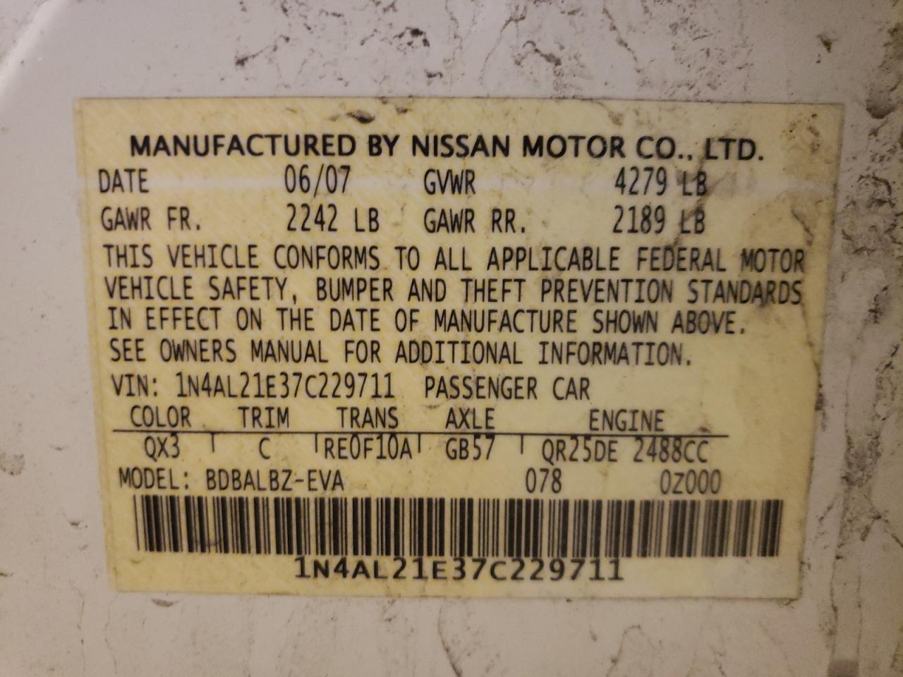 Photo 10 from auction – 2007 NISSAN ALTIMA 2.5 with VIN 1N4AL21E37C229711